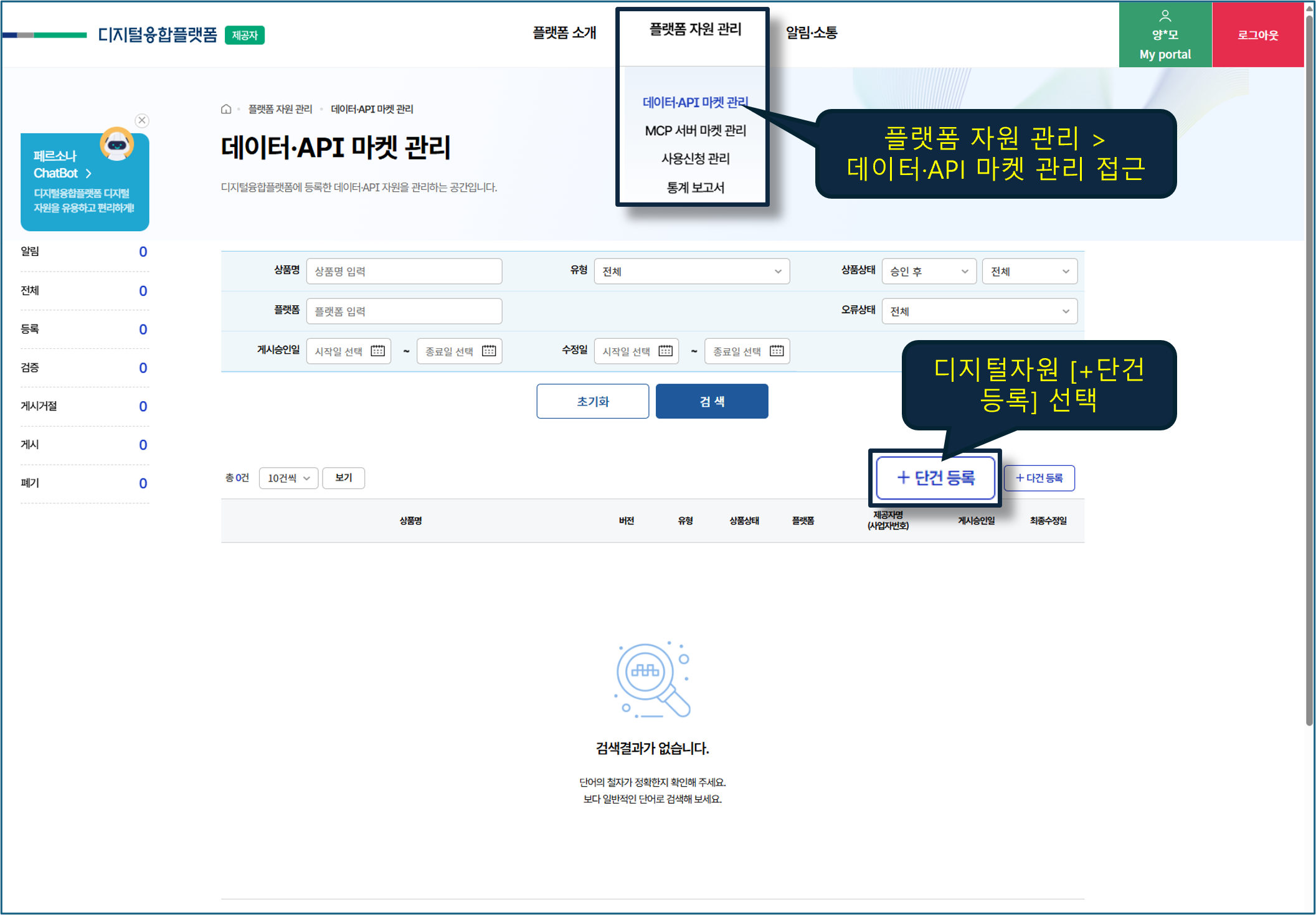 데이터·API 마켓 관리 접근 화면
