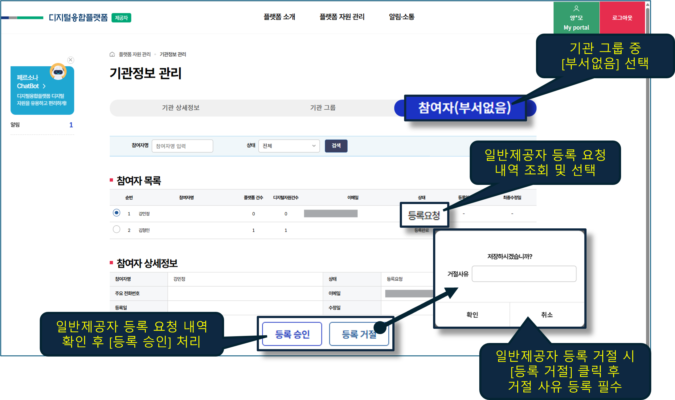 일반제공자 권한 요청 승인 화면(총괄관리자)